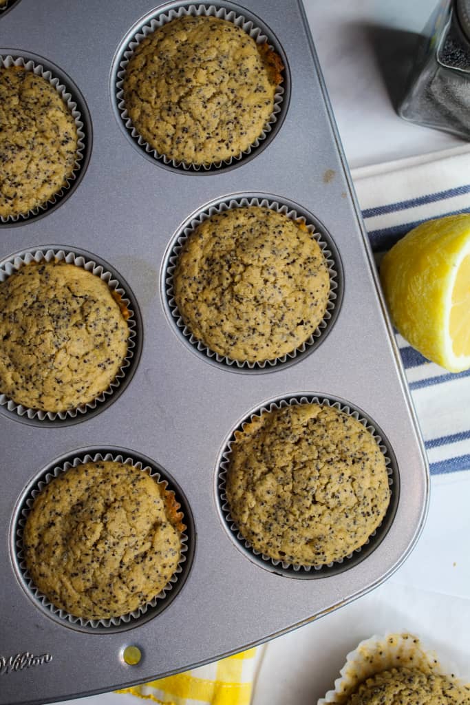 gluten free lemon poppy seed muffins baked in a muffin pan