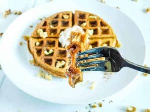 up close look of a bite of a waffle