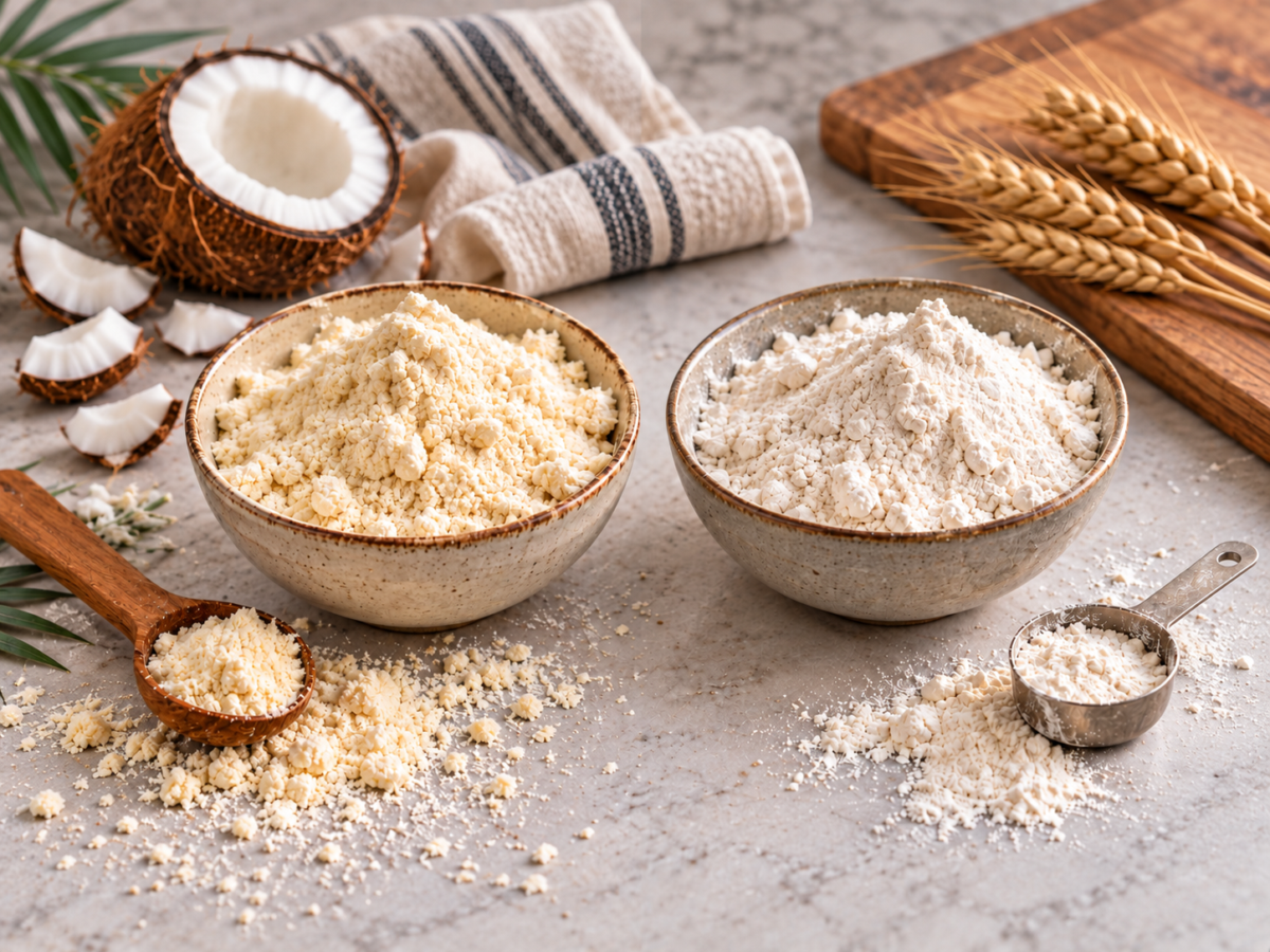 coconut flour and wheat flour in bowls