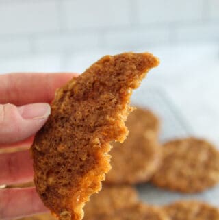 showing a bite our of an Anzac biscuit