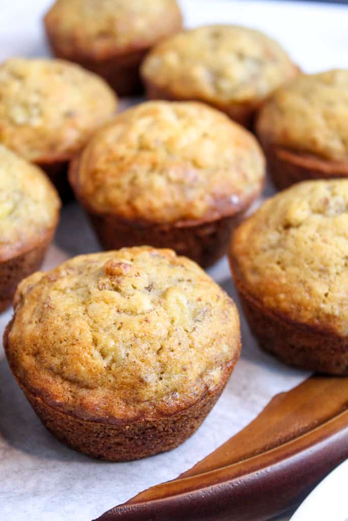 gluten free banana muffins up close on a plate