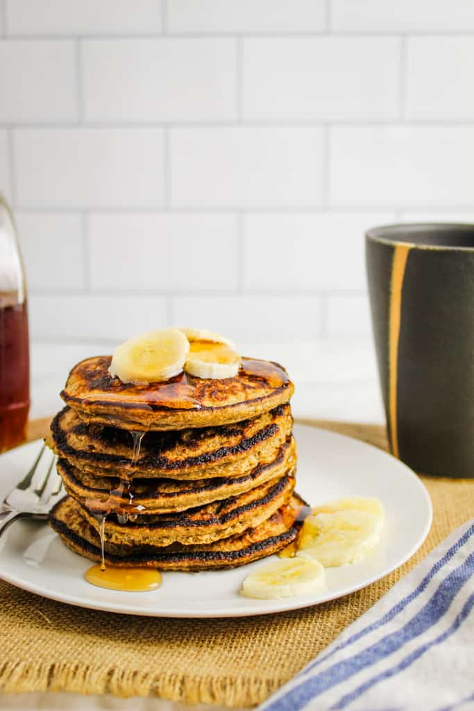 side shot of stack of pancakes