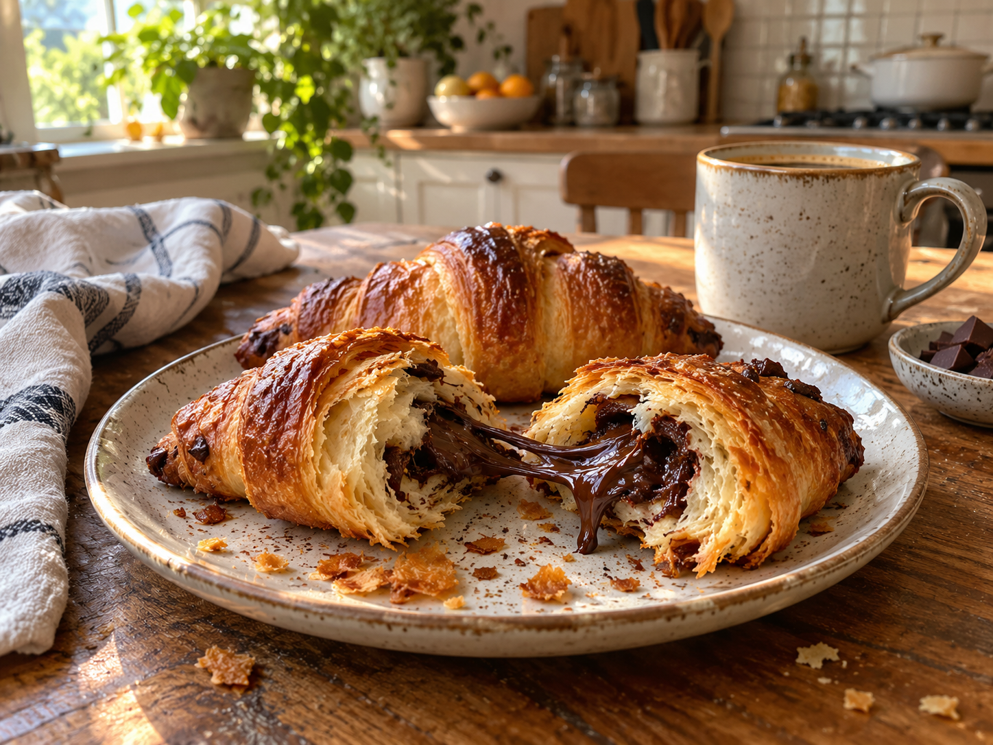 gluten-free chocolate filled croissant on plate, in half
