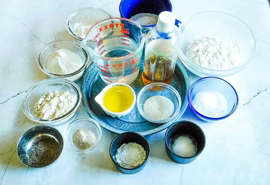 ingredients for vegan sandwich bread on a white counter