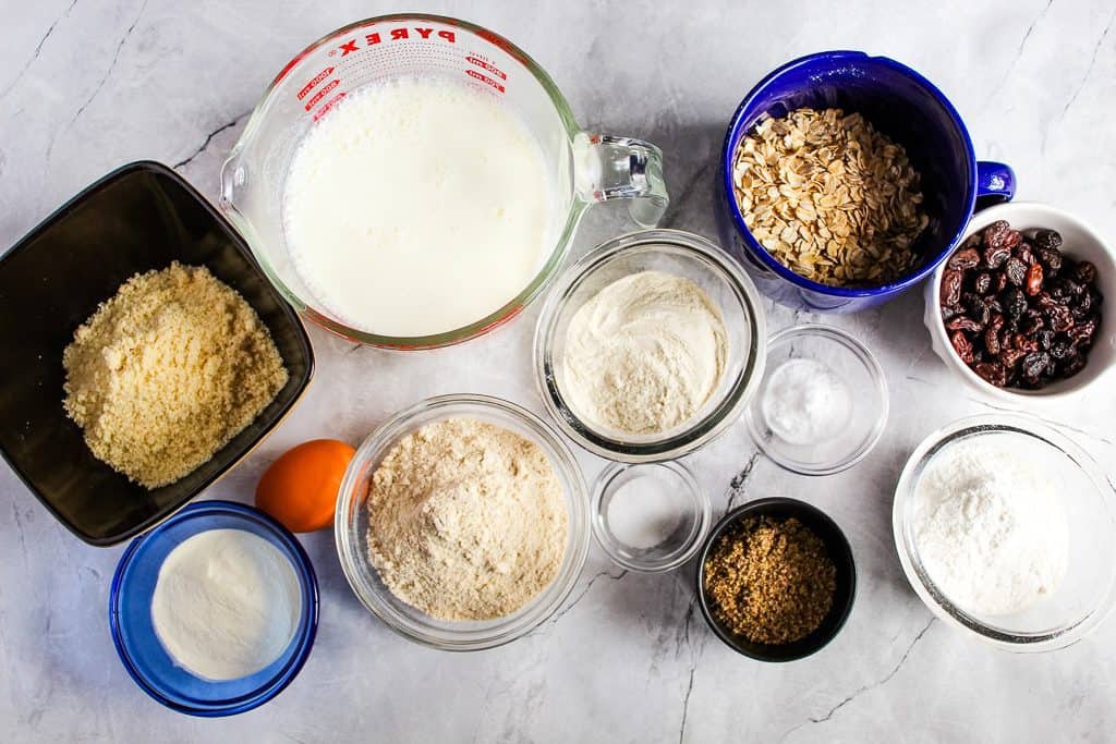 ingredients for gluten free irish soda bread on a white countertop