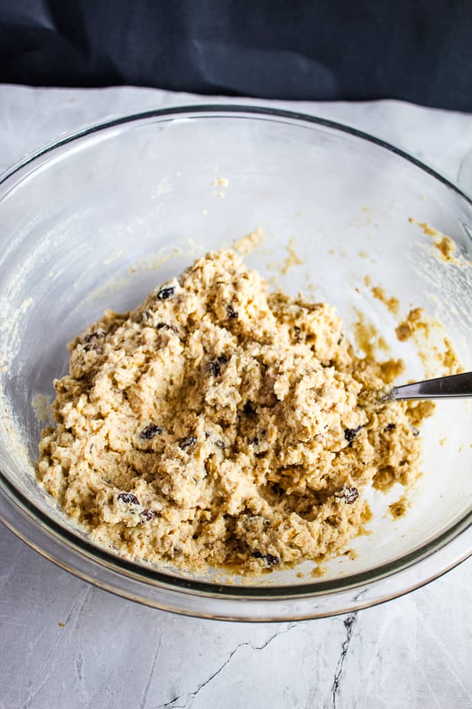 fully mixed gluten free irish soda bread batter in a glass bowl