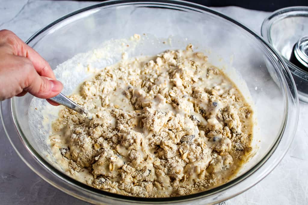 clear glass bowl of gluten free irish soda bread batter mixed