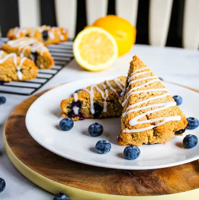 gluten free lemon blueberry scones on a white plate