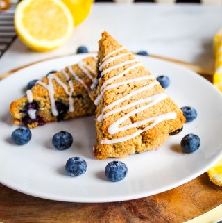 gluten free lemon blueberry scones on a white plate
