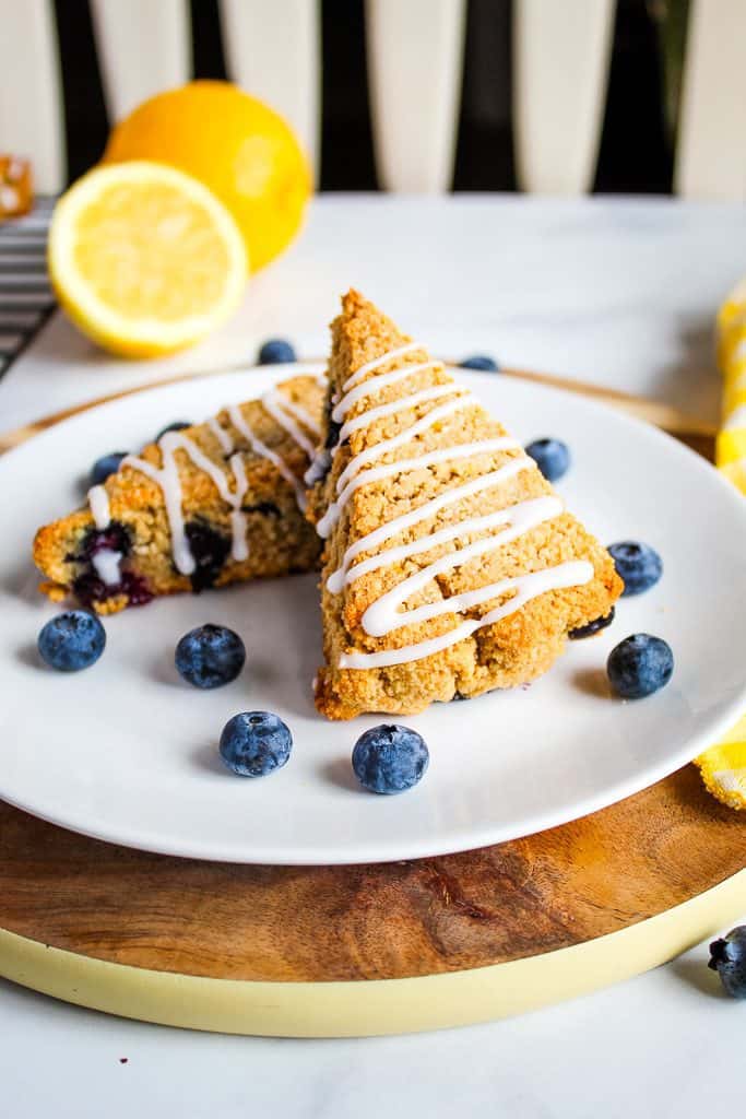 gluten free lemon blueberry scones on a white plate