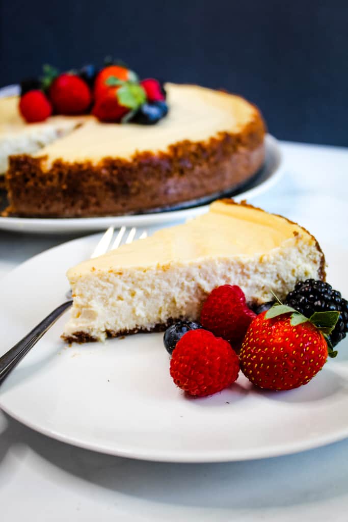 gluten free dairy free cheesecake on a white plate