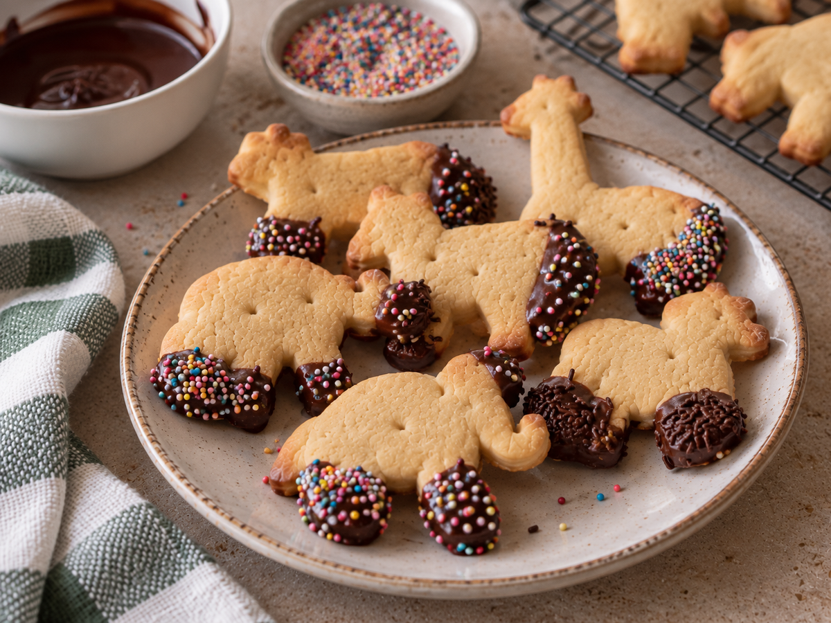 animal crackers dipped in chocolate and sprinkles