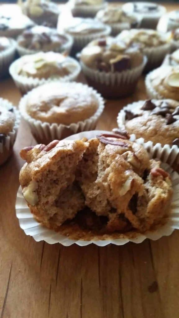 Pecan topped blender gluten Free Mini flourless Muffins.