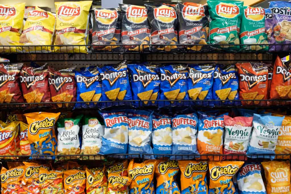 bags of chips on a display.