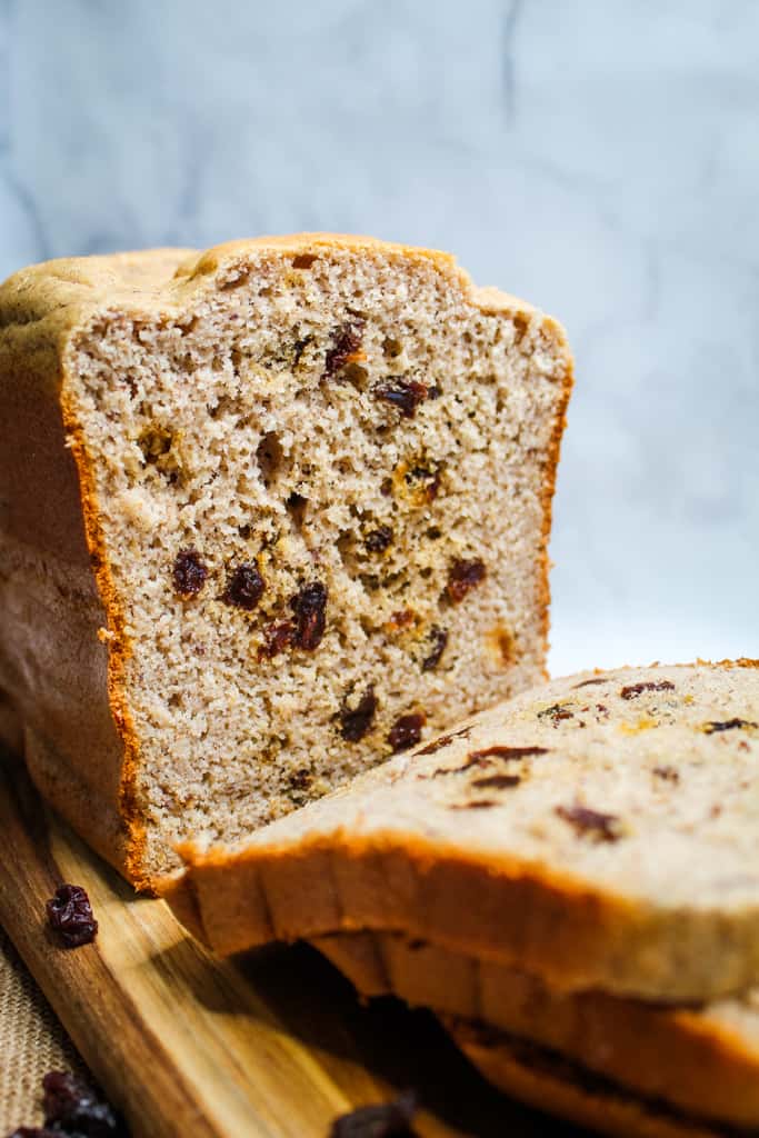Gluten free cinnamon raisin bread machine bread sliced.