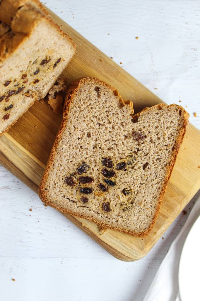 Slice of bread on a cutting board.