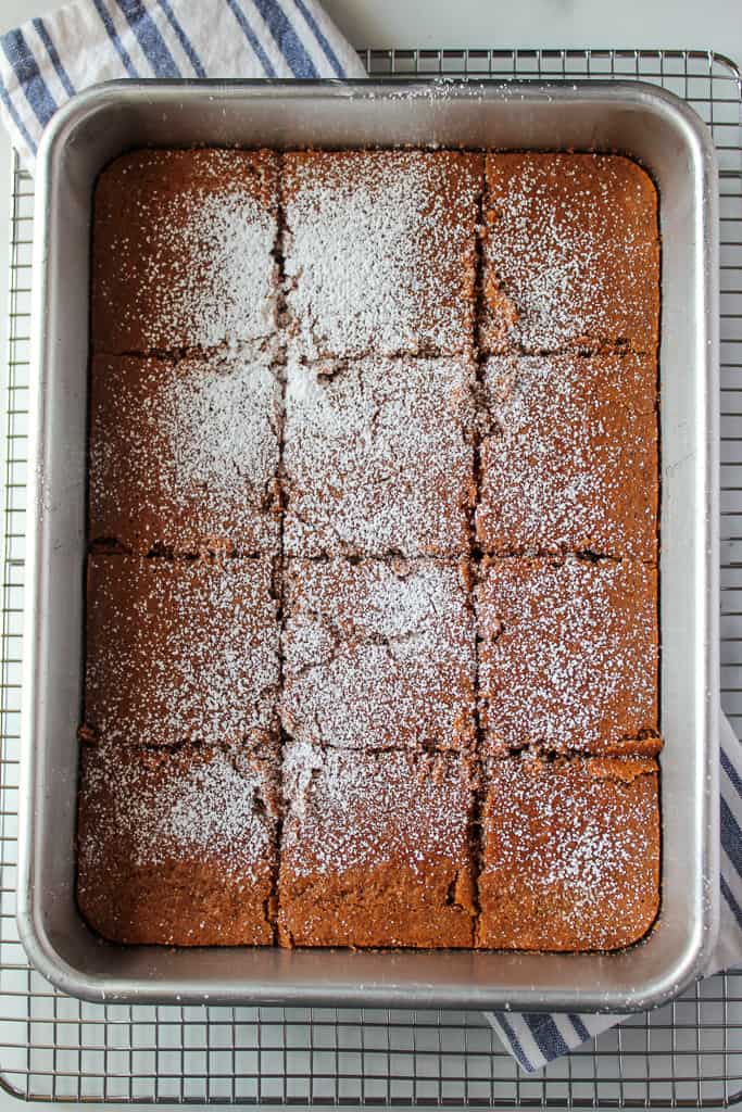 gluten free gingerbread in a baking pan