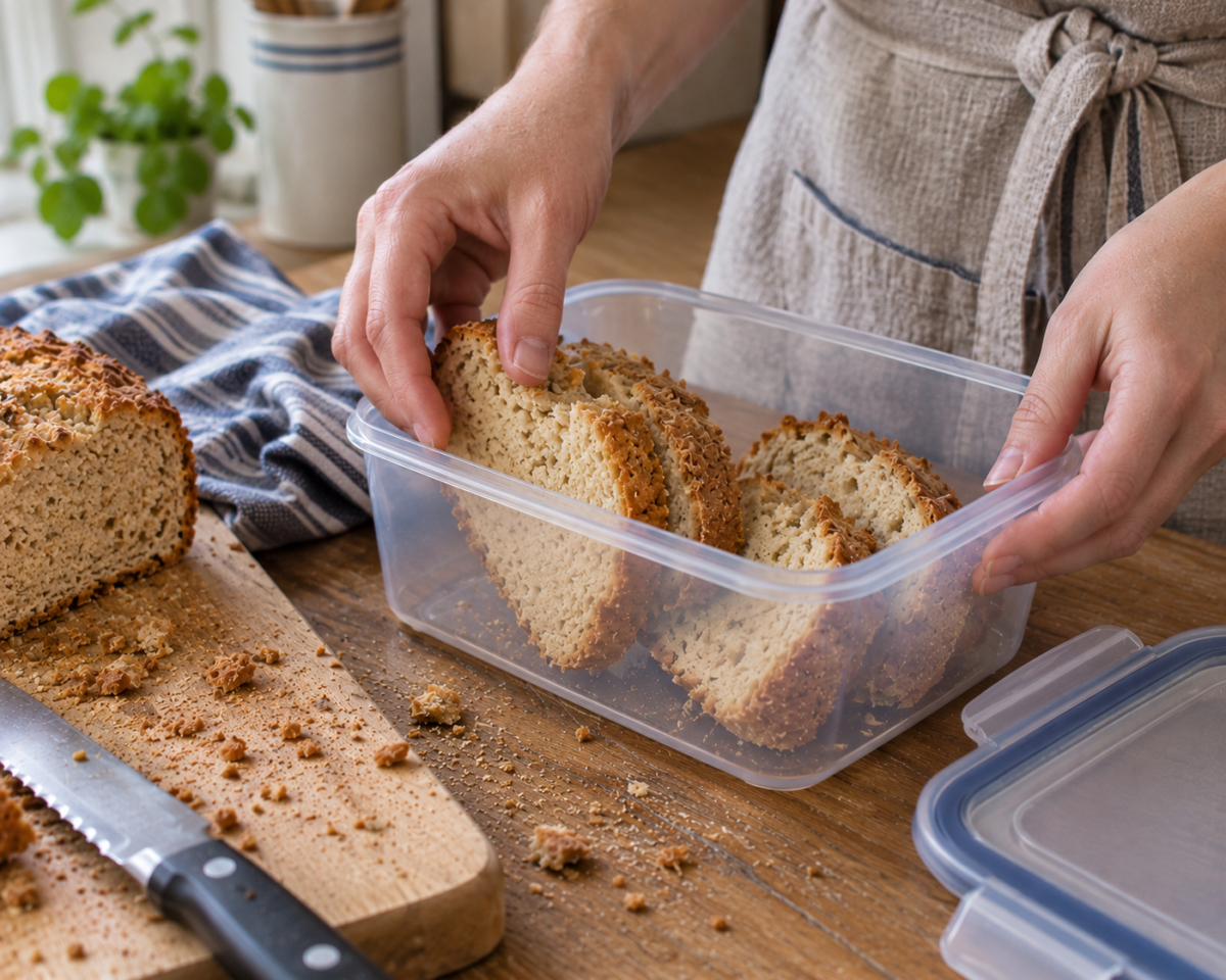 Gluten-free bread stored in an airtight container to help keep it fresh.