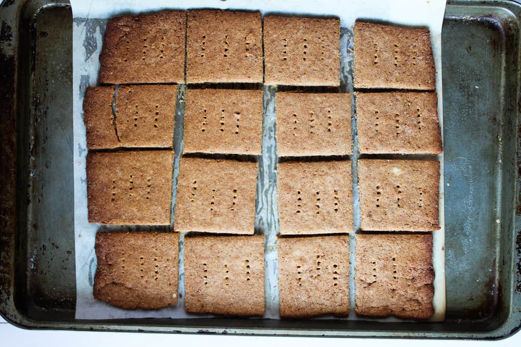 low carb gluten free graham crackers baked on a baking pan.