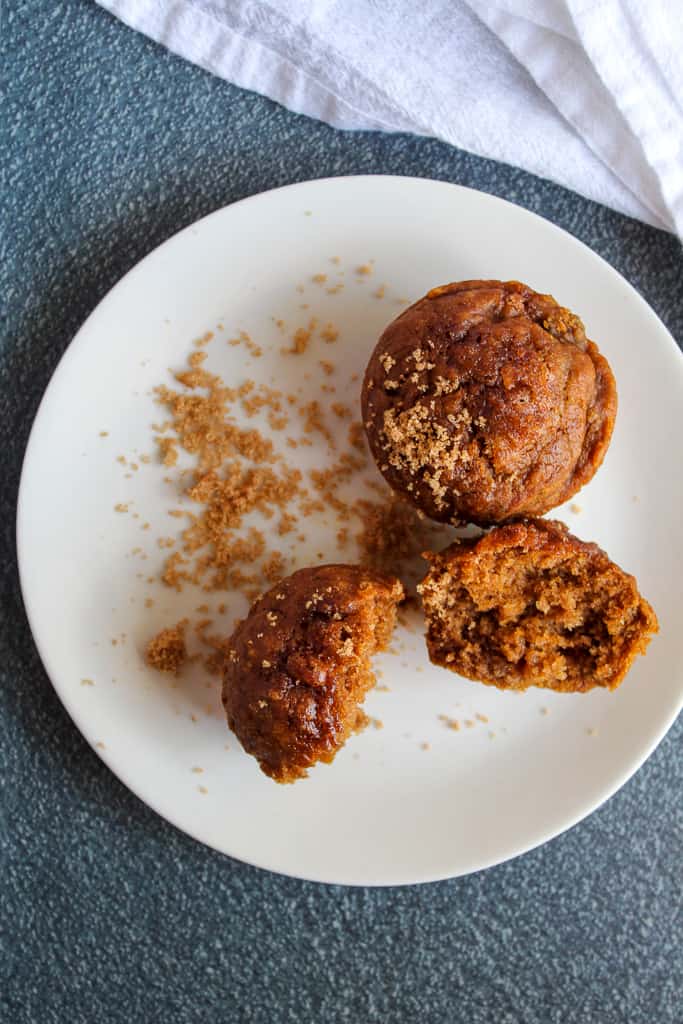 vegan pumpkin muffins on a white plate.