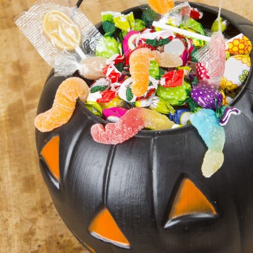 black bucket of gluten free halloween candy