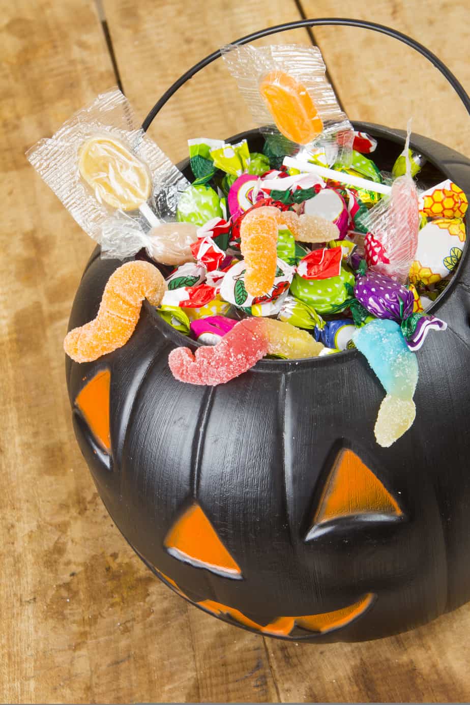 black bucket of gluten free halloween candy