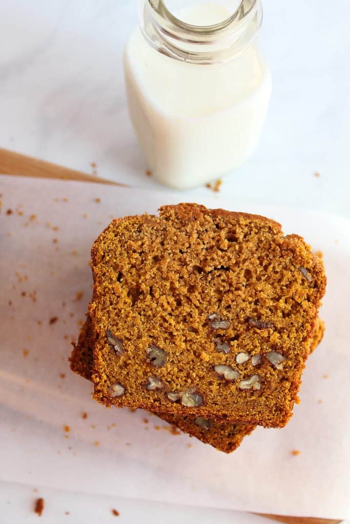 gluten free pumpkin bread sliced in a stack.