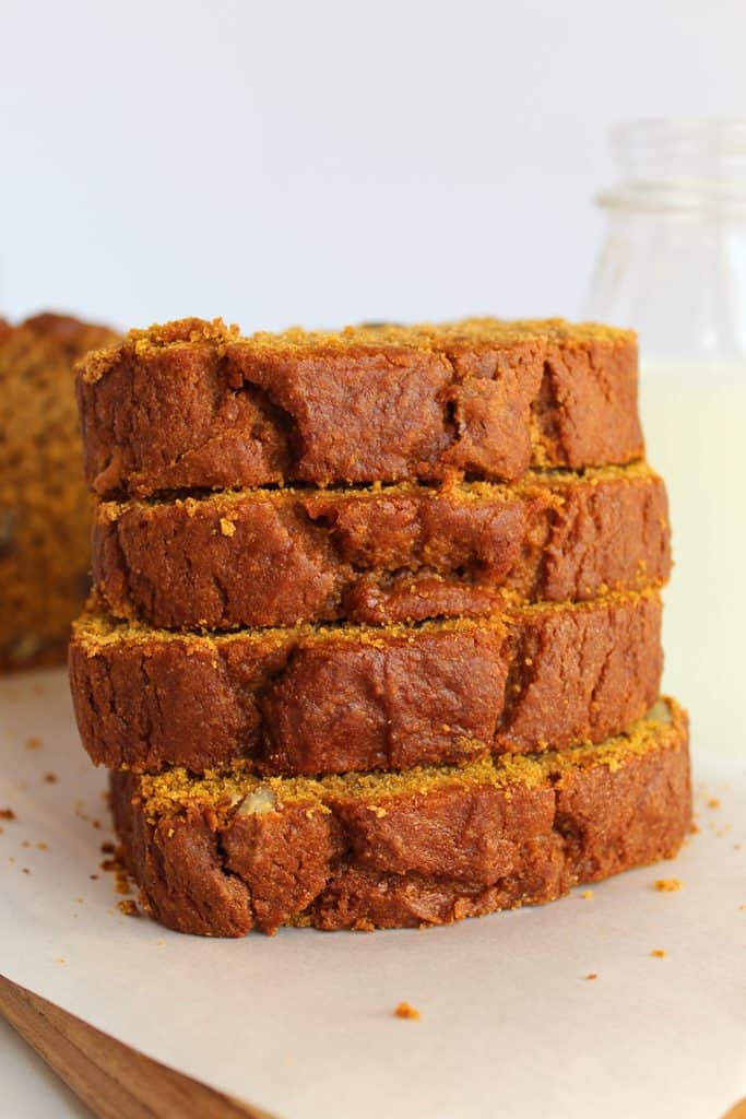 gluten free pumpkin bread stacked high.