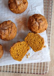 Gluten free pumpkin muffins on a wire cooling rack.
