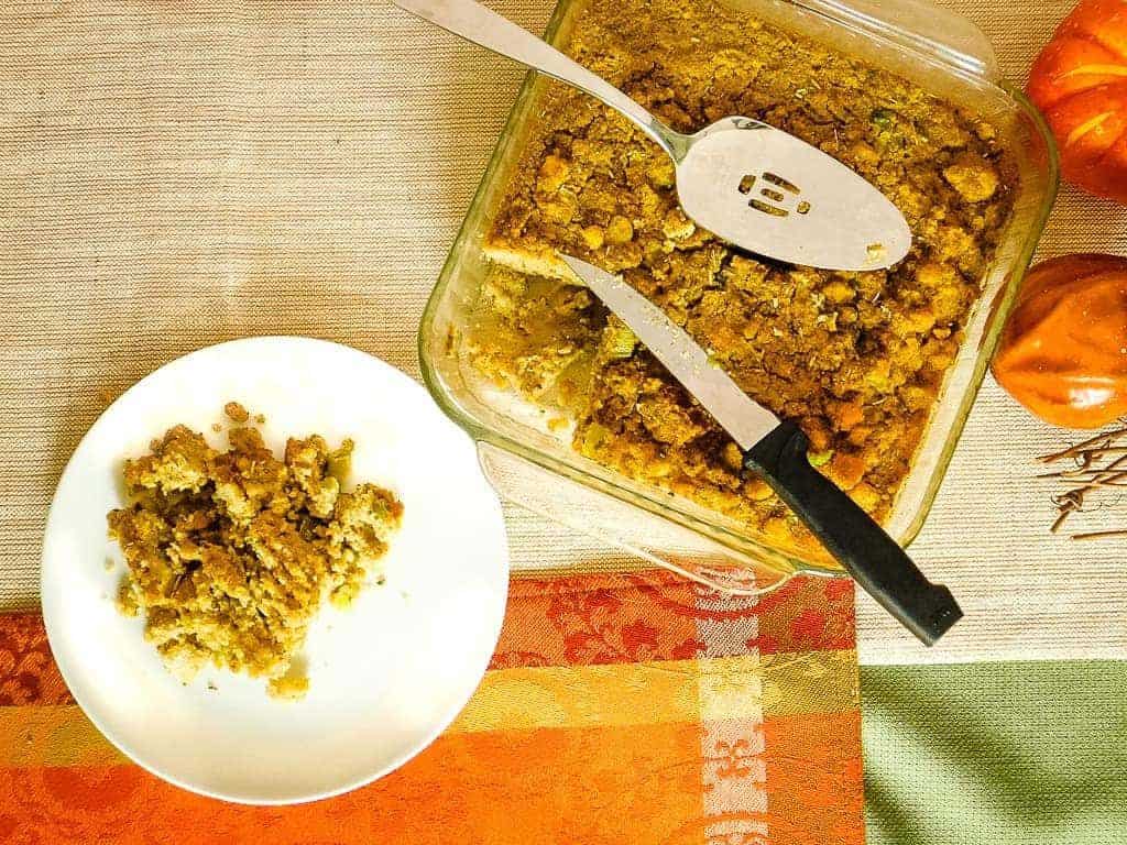 portion of gluten free cornbread dressing on a white plate