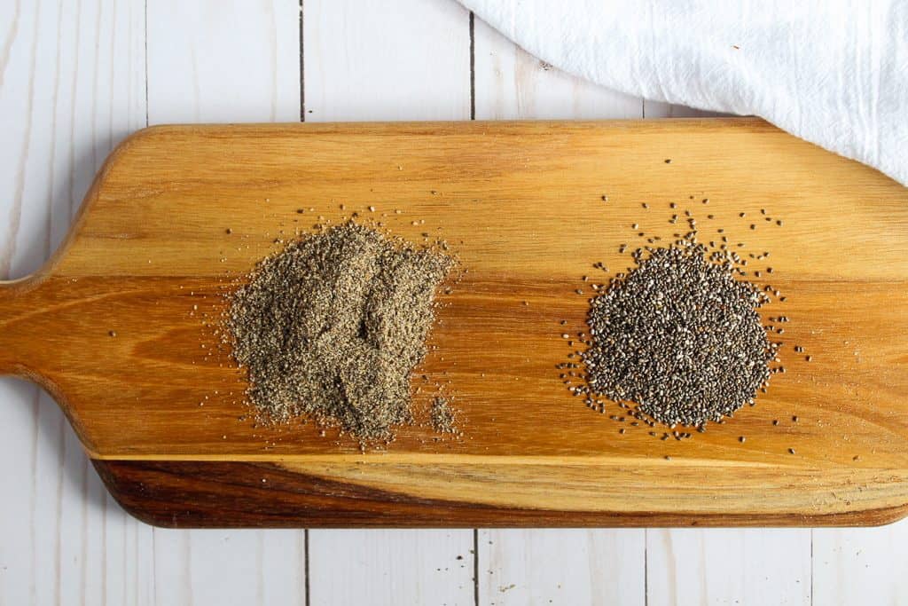 chia seeds on a wooden cutting board alternative to xanthan gum and guar gum.