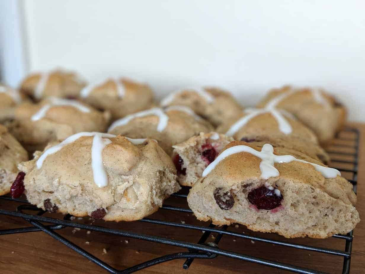 gluten-free hot cross buns on a rack