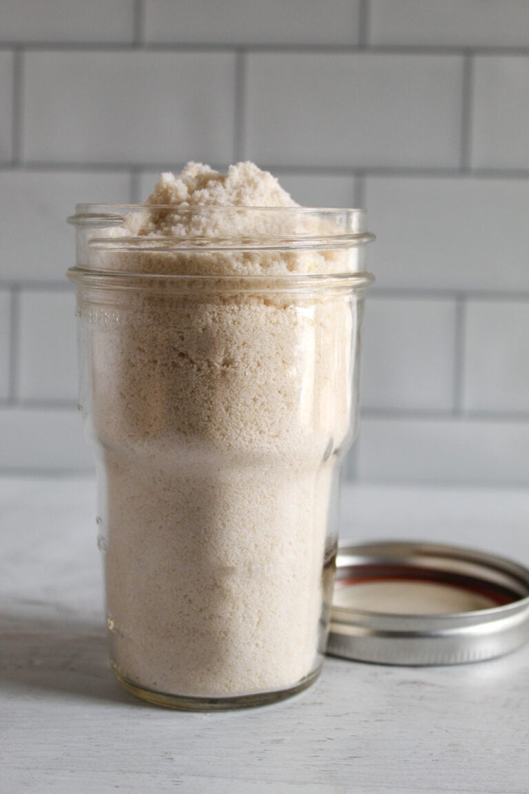 glass jar storing homemade gluten free bisquick baking mix