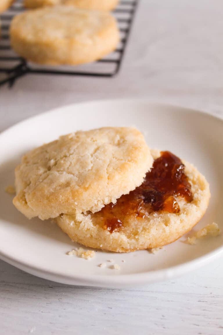 split biscuits on a small white plate