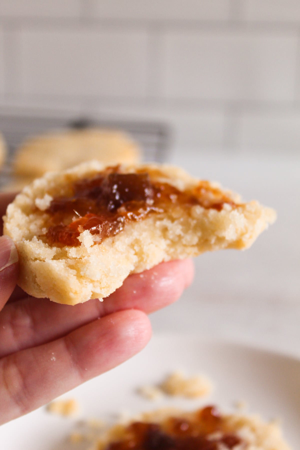 hand holding a biscuit with jelly