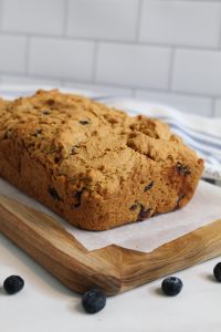 gluten free blueberry bread sitting on a counter