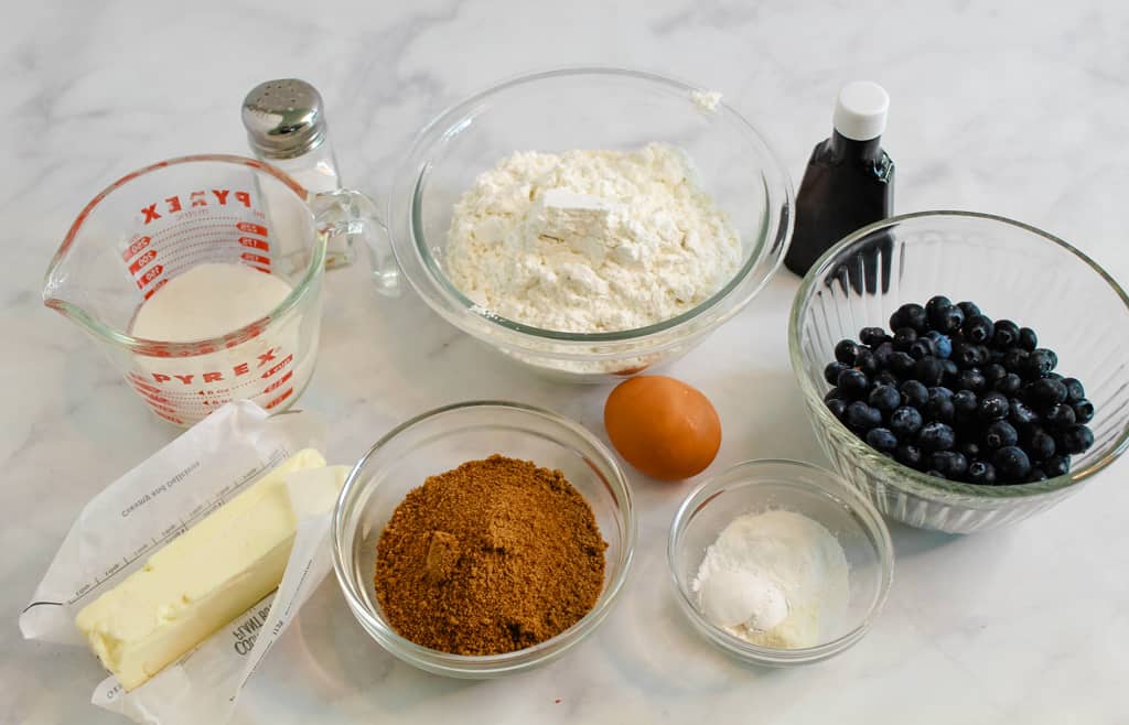 gluten free blueberry bread ingredients on a counter