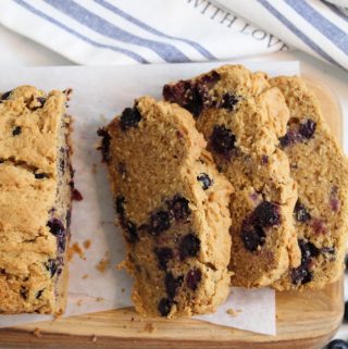 gluten free blueberry bread sliced on a counter