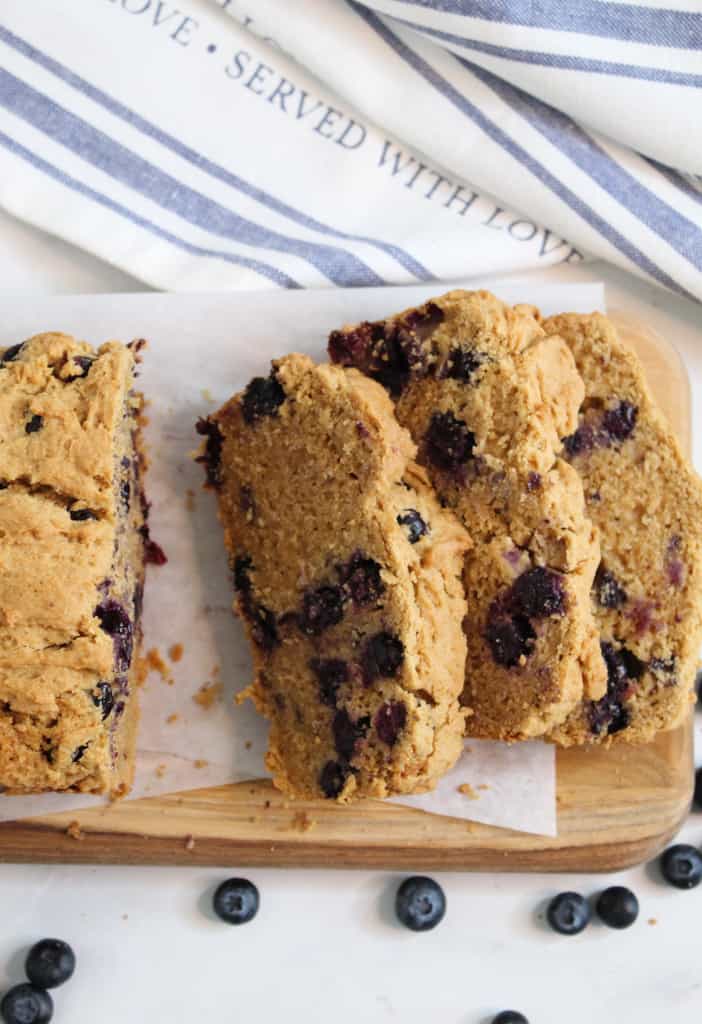 gluten free blueberry bread sliced on a counter