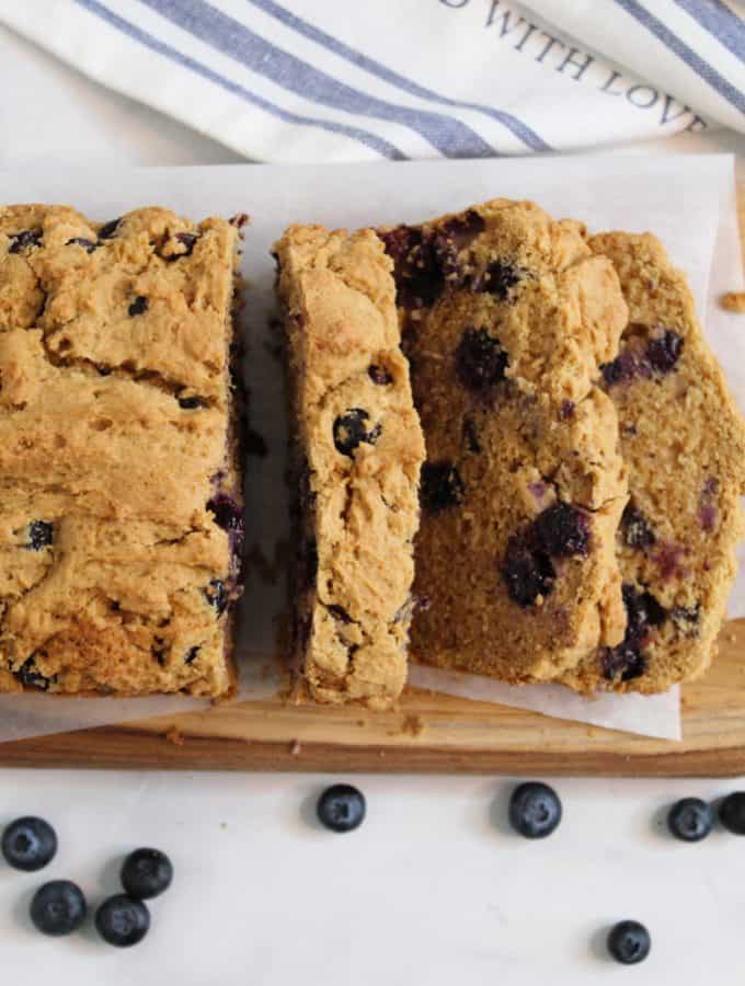 gluten free blueberry bread sliced on the counter