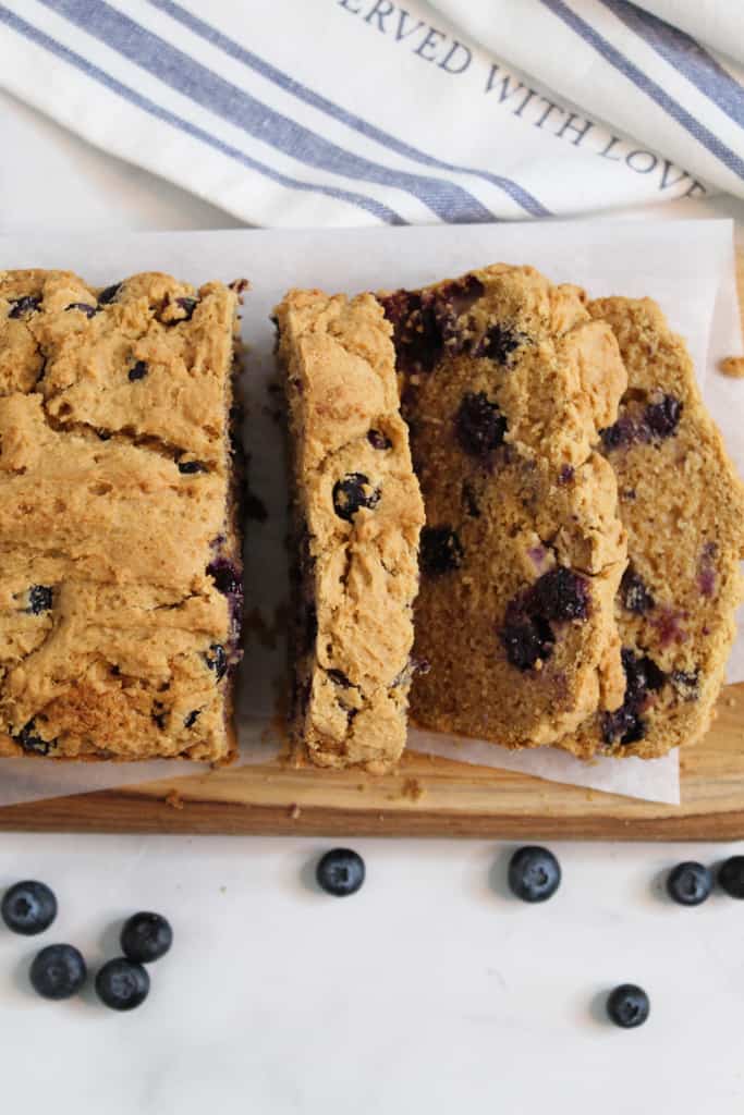 gluten free blueberry bread sliced on the counter