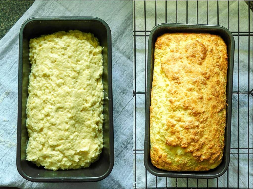 low carb bread unbaked and baked in baking pans side by side