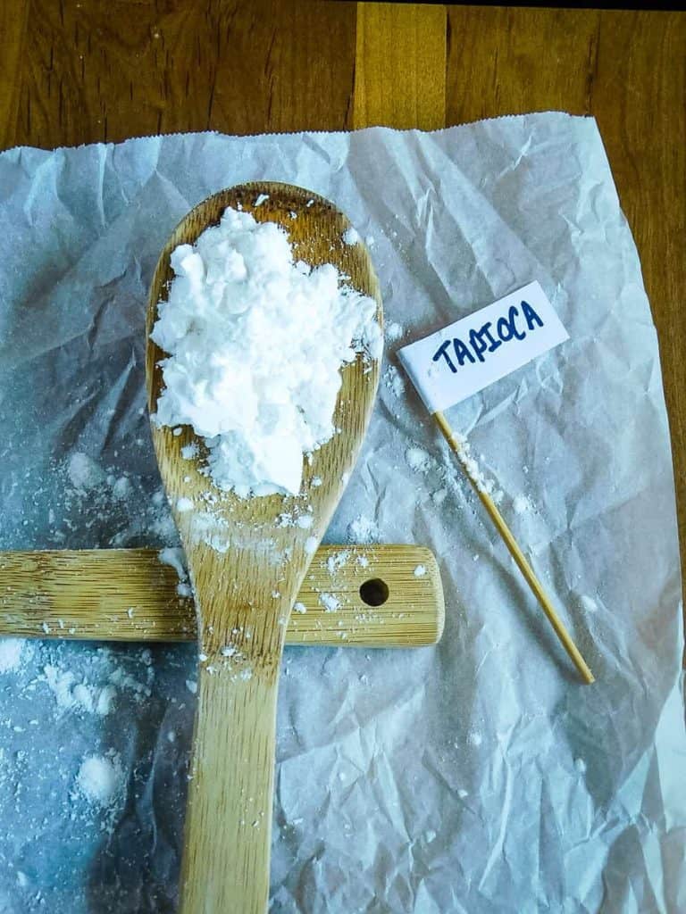 tapioca starch on a wooden spoon