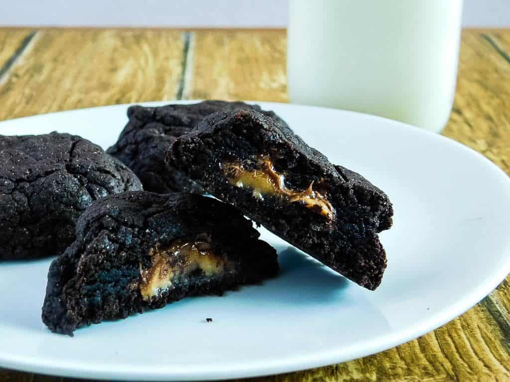 gluten free chocolate cookies split open on a plate