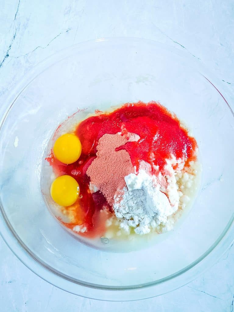 Ingredients for strawberry cookies in a bowl