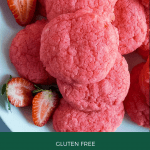 Delicious gluten free strawberry cake mix cookies on a white serving platter