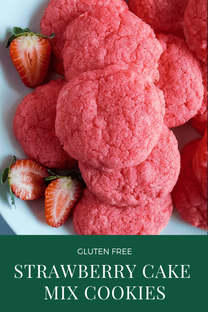 Delicious gluten free strawberry cake mix cookies on a white serving platter