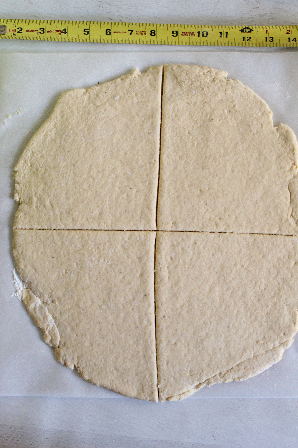 dough cut into 4 equal sections