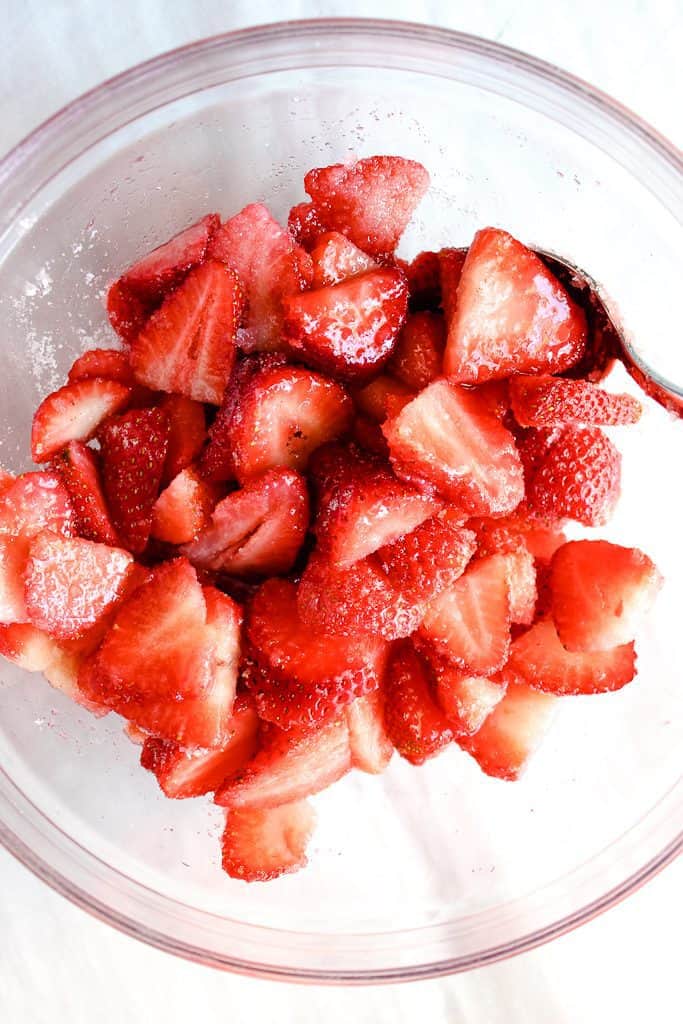Gluten free strawberry shortcakes in a glass bowl