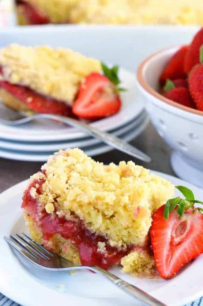 strawberry rhubarb coffee cake on a plate